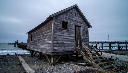Weathered wooden shack with stairs on a beach near a pier under a cloudy sky