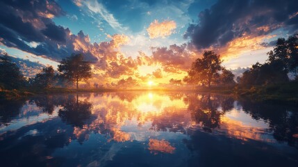 Fototapeta premium Sunrise reflection over serene lake nature landscape photography tranquil environment scenic viewpoint