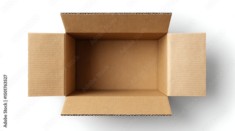 Poster top view open cardboard box on white background