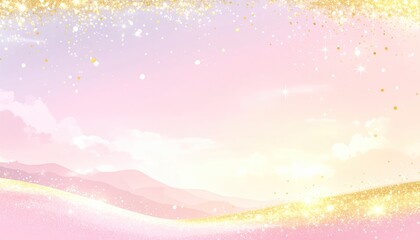 Pastel landscape with distant hills and sparkly overlay, soft and dreamy feel