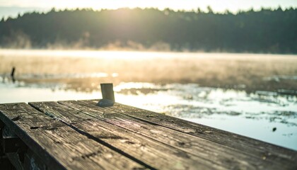 Misty sunrise over a lake, dock in foreground, woods behind