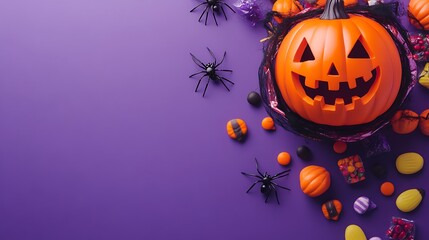 Halloween themed decorative items on a purple background.