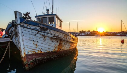 Old weathered boat docked at harbor at sunset with sunburst shining on calm water