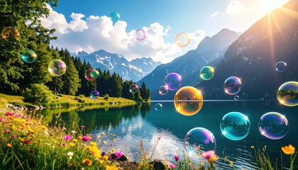 Bubbles floating above a serene lake, reflecting snowy mountains and green trees, under a bright sun