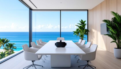 Modern meeting room with ocean view, VR headset on table