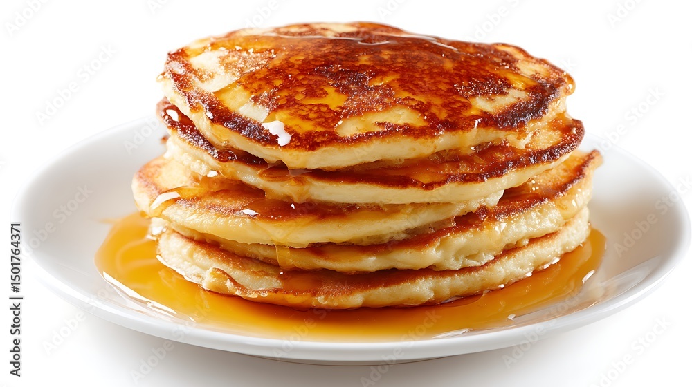 Poster stack of pancake with honey syrup on the white plate on isolated