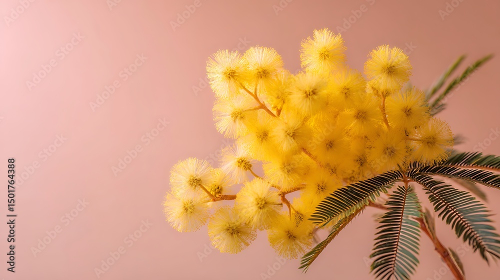 Poster springtime macro of a mimosa flower with a yellow hue isolated pastel background copy space