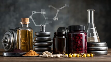 Sports nutrition supplements and chemistry for bodybuilding in gym
