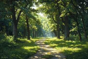 Fototapeta premium Sunlit pathway through verdant forest nature scene tranquil environment vibrant viewpoint serene concept
