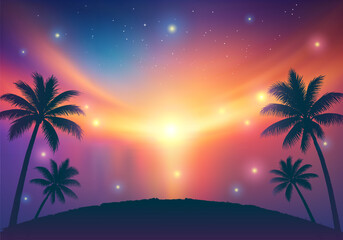 Vector Colorful Sunset Background with Palm Tree Silhouettes and Glowing Tropical Sky