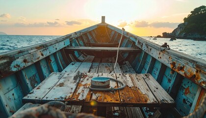 Old wooden boat interior facing sunset over ocean. Island, rocks, horizon, and clouds