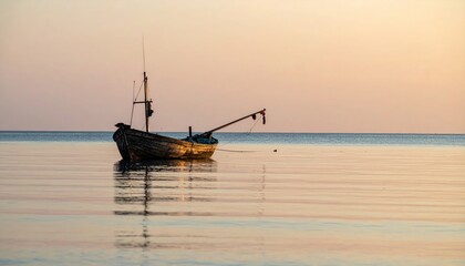 Still fishing boat reflected in calm waters, golden hour