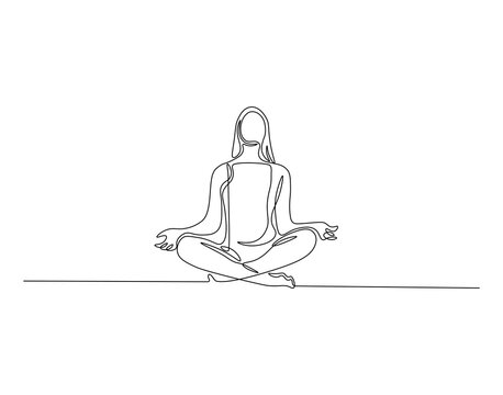 Yoga woman outline drawing illustration. Continuous line draw of meditation person vector