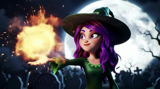 Animated witch with purple hair casting a magical spell with a glowing fire orb in a spooky graveyard under a full moon. concept of halloween, magic, mystical, enchanted night scene.