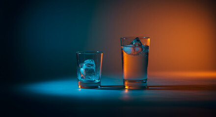 Two Glasses with Ice Cubes Under Dramatic Lighting