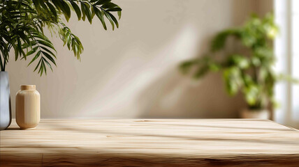 A soft minimalist wellnessinspired background A light wooden table surface in the foreground In the background blurred indoor greenery ferns houseplants and