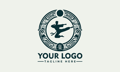 Obraz premium Karate martial artist performing high kick in dynamic pose inside circular emblem. Sports concept 