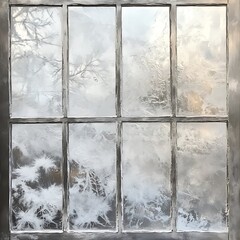 Frosty winter windowpane with intricate ice patterns.
