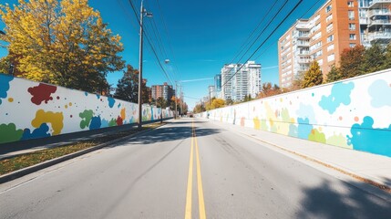 Obraz premium Urban street scene with colorful murals modern city photography clear blue sky eye level artistic expression
