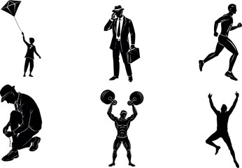 Multiple category of a man jumping and flying a kite with arms extended. silhouette illustration.