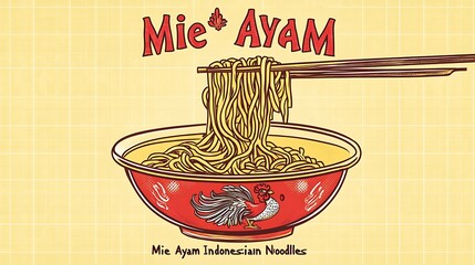Hand-drawn illustration of mie ayam indonesian noodles.