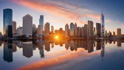 Fototapeta premium Breathtaking Upside-Down City Skyline Reflection in Water at Sunset