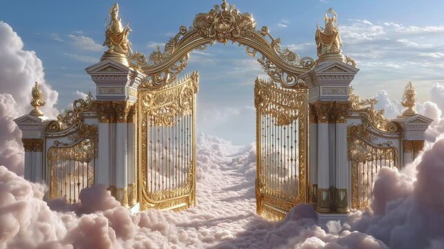 Golden gates rise majestically above billowing clouds in breathtaking vision of heaven. Radiant light and ethereal beauty, symbolic and divine representation of peace, faith, eternal promise of heaven