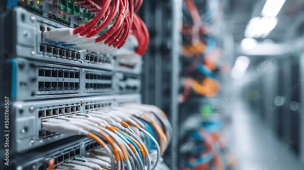 Aufkleber Internet cables and wires in server room with switch in company on the development of a quantum computer, network background