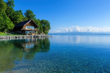 Fototapeta premium Relaxing retreat by the serene lake scenic nature landscape tranquil environment perfect getaway