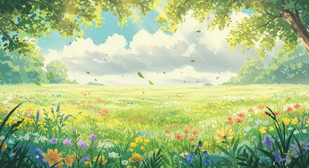 Idyllic Anime Spring Scene: Blooming Meadow with Gentle Breeze