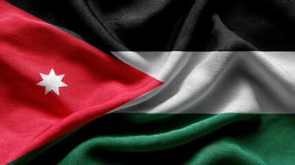 The flag of Jordan elegantly displays its colors of red, black, white, and green, crafted from fine silk. Its details stand out beautifully.