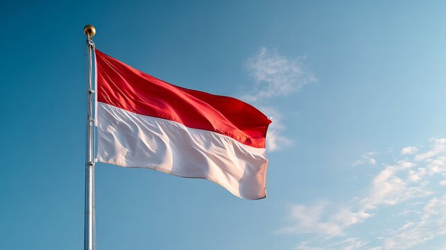 The bright flag of Indonesia, Monaco displays its red and white colors, fluttering majestically against a serene blue sky filled with white clouds.