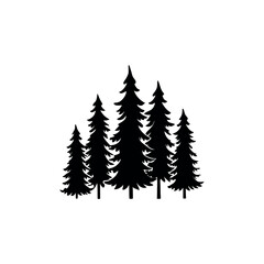 Obraz premium Silhouette of five pine trees isolated on white background