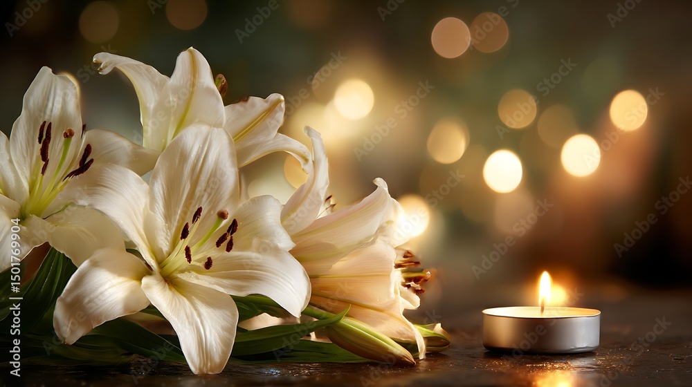 Poster funeral scene with beautiful lilies and a burning candle set against a softly blurred background wit