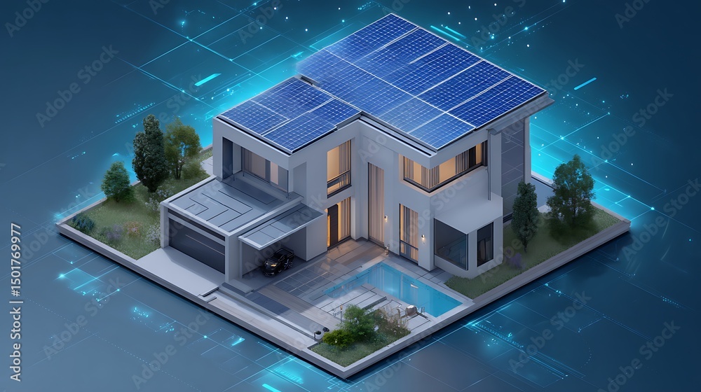 Aufkleber futuristic generic smart home with solar panels rooftop system for renewable energy concepts as wide