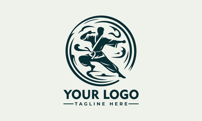 Karate martial artist performing high kick in dynamic pose inside circular emblem. Sports concept  © nuaari