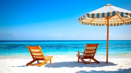 A white beach umbrella and a comfortable wicker chair are positioned on a sandy beach next to the turquoise sea under a clear blue sky. Travel concept