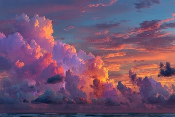 The sky is filled with fluffy pink clouds, creating a serene and peaceful atmosphere. The colors of the clouds are vibrant and eye-catching, making the scene feel almost magical