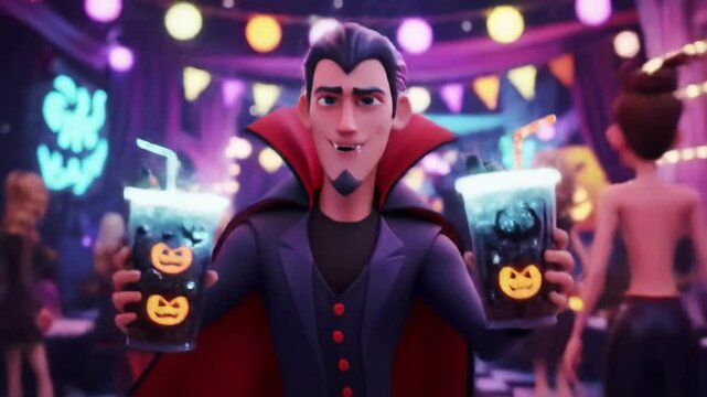 Animated dracula man enjoying halloween party holding spooky drinks with glowing pumpkin faces in festive setting. concept of halloween celebration, vampire fun, party atmosphere