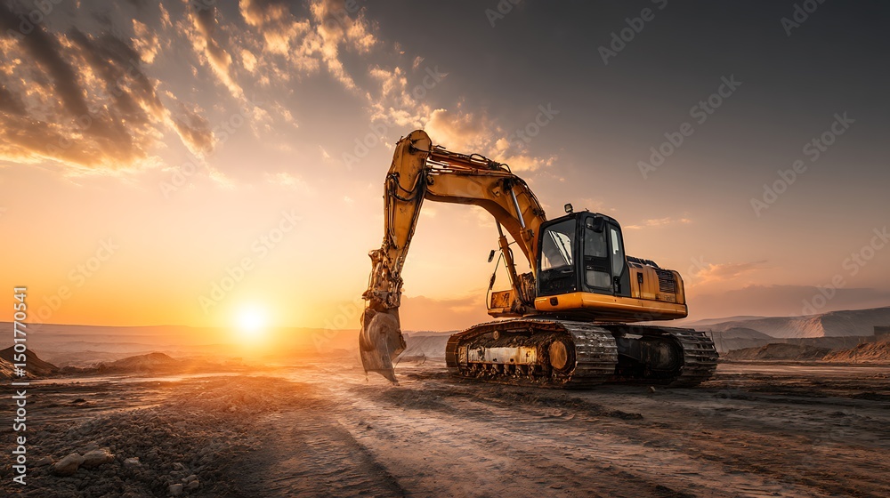 Aufkleber excavator in open pit mining excavator on earthmoving on sunset loader on excavation earth moving he