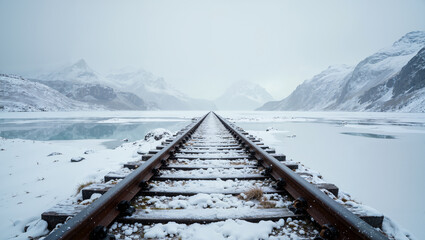 Railroad tracks leading through a winter landscape with mountains and a frozen lake.