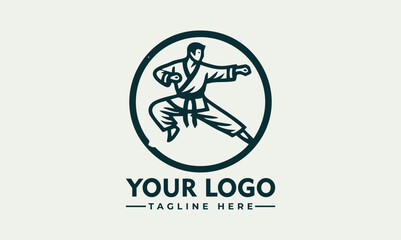 Karate martial artist performing high kick in dynamic pose inside circular emblem. Sports concept
