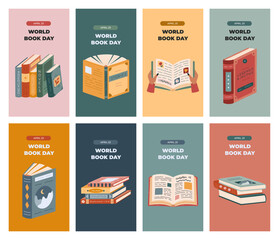 Big set of vertical of stories for World Book Day with colorful library clipart. Greeting concept banner with books of different genres, picturesque covers, stack for social media, business, branding.