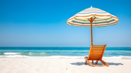 A white beach umbrella and a comfortable wicker chair are positioned on a sandy beach next to the turquoise sea under a clear blue sky. Travel concept