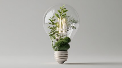 Eco friendly lightbulb with plants white background, renewable and sustainable energy