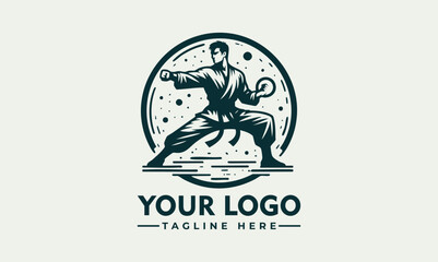 Karate martial artist performing high kick in dynamic pose inside circular emblem. Sports concept
