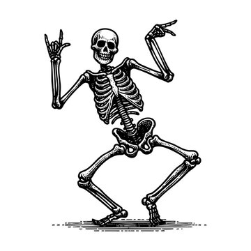 skeleton dancing engraving black and white outline. Scratch board imitation.