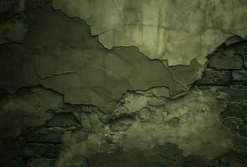 Dark olive color brown green old concrete wall surface. Distressed, broken, crumbled wall texture