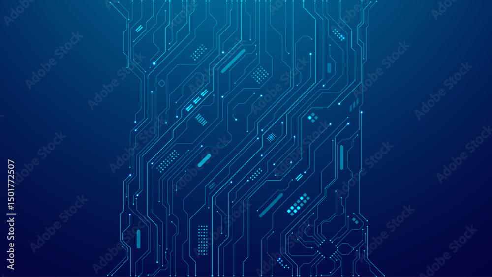 Poster High-tech digital background with an abstract blue design, circuit board details, and AI chip elements. Concept of innovation in modern technologies. Ideal for use in tech presentations and web design