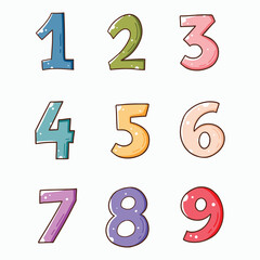 Vector colorful 0-9 numbers doodle cartoon. hand drawn 0-9 math numbers for kid and children. Cute number scribble asset, graphic element